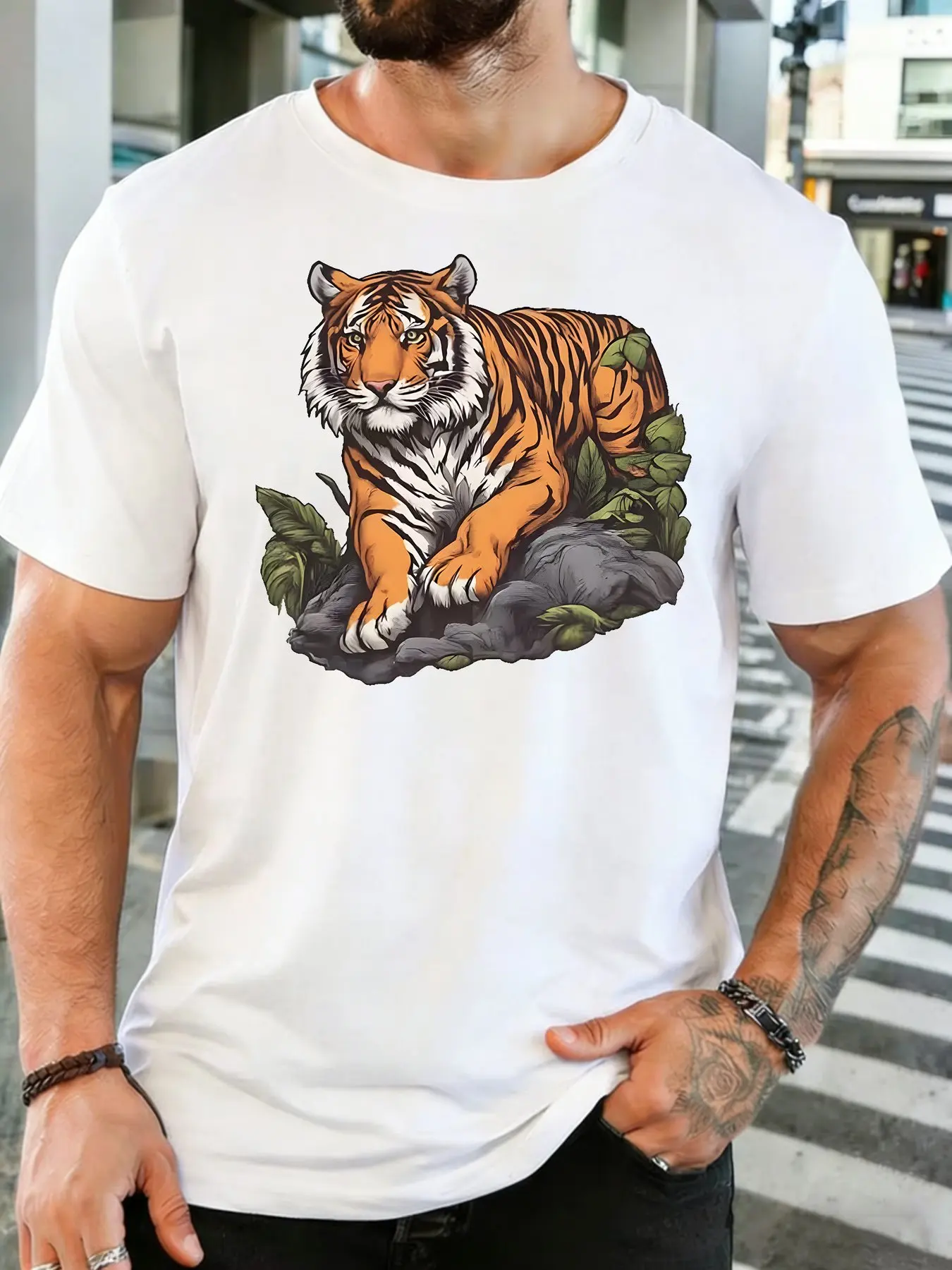 Wild Tiger On Rock Jungle Leaves Graphic Mens Short Sleeve Crew Neck Cotton T Shirt Vintage Animal Print Male Nature Casual Top
