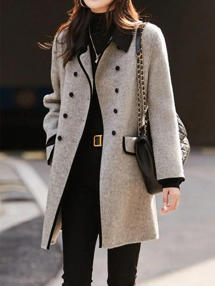 

Onecozyday Women's Grey Double Breasted Coat Notched Collar Long Sleeves Loose Fit Outerwears 2025 Fall New Tweed Coats