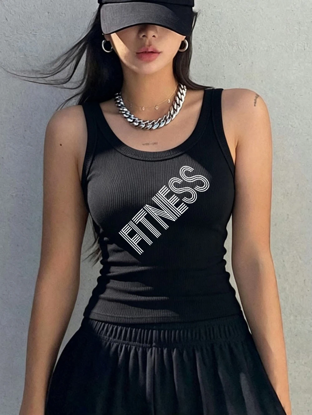 Word Fitness Printed Sleeveless Sporty Women Cotton Singlet Korean Soft Slim Ribbed Knit Vest Summer Y2K O-Neck Woman Tank Tops