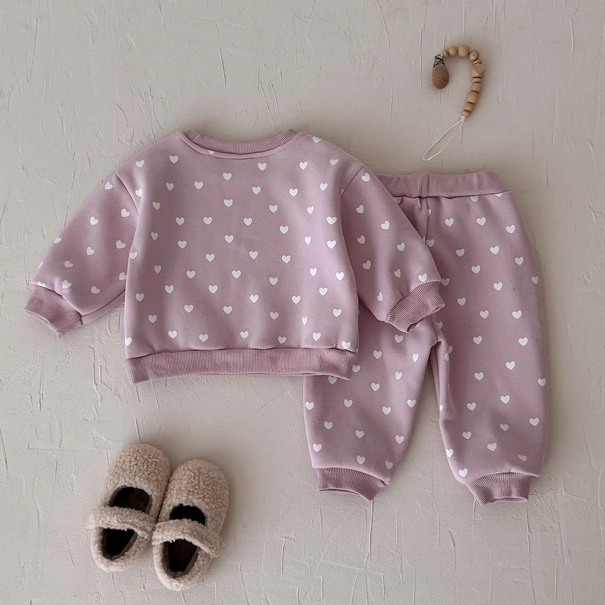 Baby Girls Fleece 2Pcs Outfit, Heart Print Crew Neck Sweatshirt + Jogger Pants, Pink Warm Autumn Winter Tracksuit