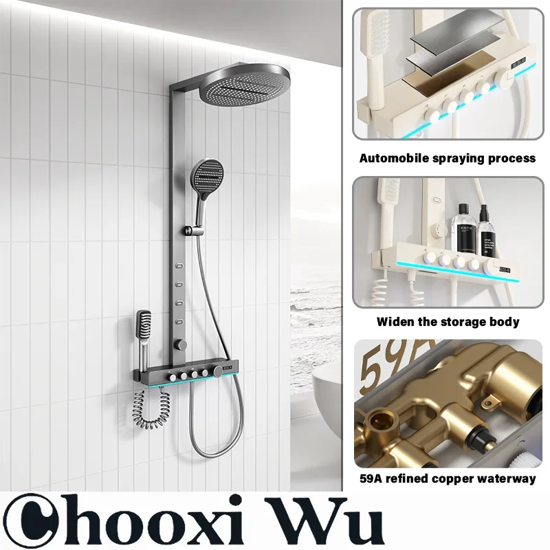 Shower Set Thermostatic showerhead with Waist Spray, All Copper Pressurized Digital Atmosphere Lamp Storage Rack Bathroom Shower