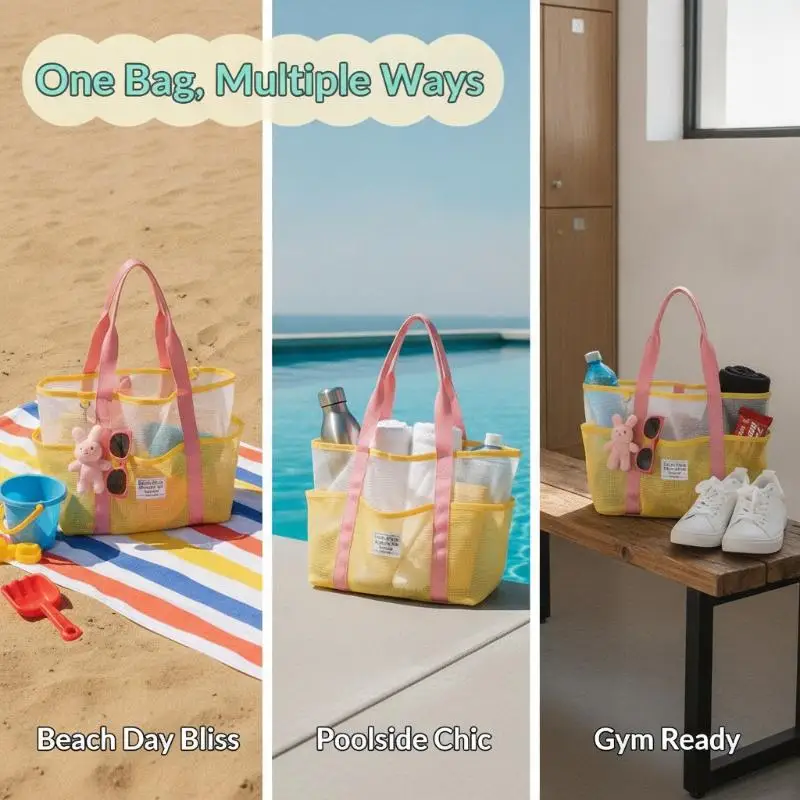 Water Resistant Mesh Beach Tote Bag Large Opening Multiple Pockets Quick Dry for Summer Swim Pool Travels