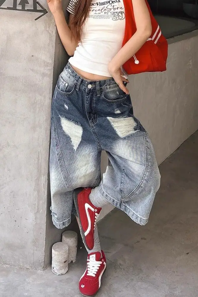 อเมริกันวินเทจล้างGradient Denim Caprisสําหรับผู้หญิงY2Kสาวร้อนสไตล์Distressedขากว้างสบายๆCroppedกางเกงแฟชั่น