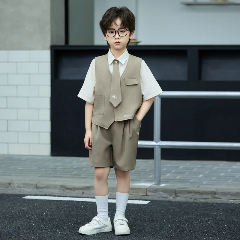 Summer Children's Formal Wear Primary School Class Uniform Piano Hosting Performance Outfit British Style Vest Set