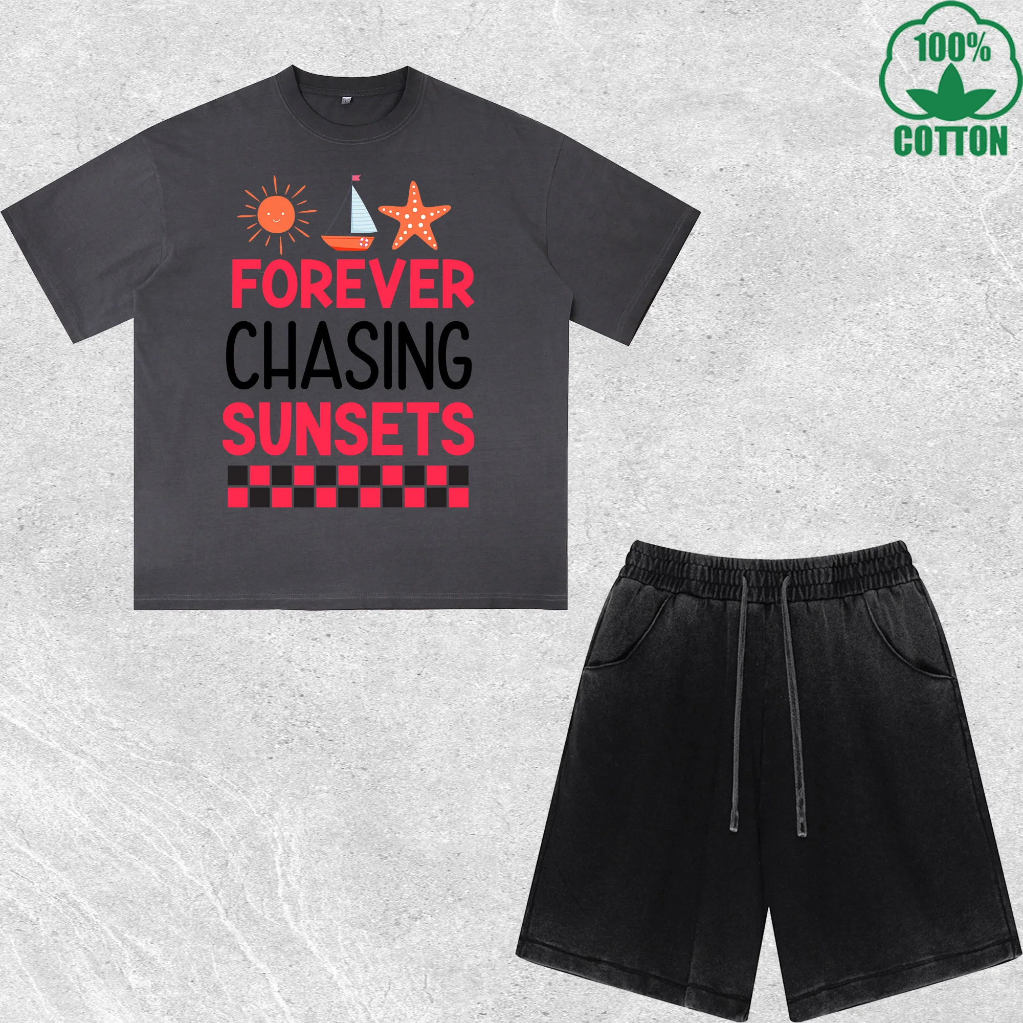

Forever Chasing Sunsets Printed Dirty Wash T-Shirt Shorts Set Combo Loose Trendy Fashionable 100%Cotton Black Suit
