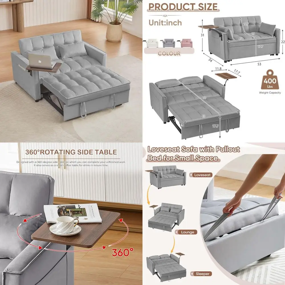 أريكة سرير قابلة للتحويل مع 360 درجة ° طاولة جانبية دوارة، نائمة بمقعدين مخملي حديث، سرير قابل للسحب مع ميزات قابلة للتعديل #1