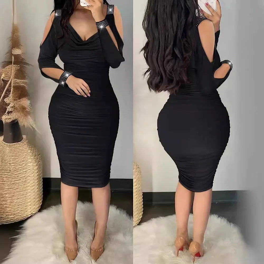 

Slim Sexy Elegant Women's Dress New Fashion Casual Summer 2024 Hot Diamond V-Neck Pleated Tights Hip Wrapped Shoulder Dress