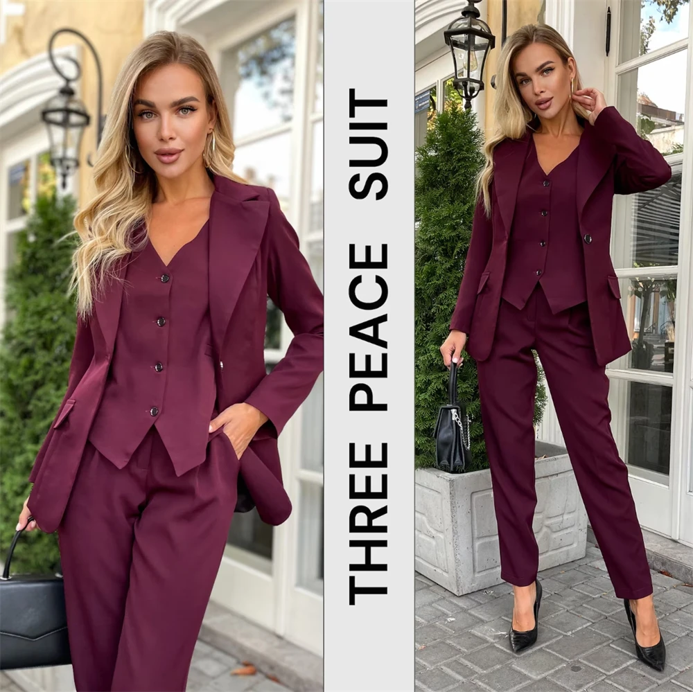 Burgundy 3 Pcs Women Suits Formal Pantsuit Set Blazer Waistcoat Office Wear Business & Prom Suit (Blazer+Vest+Pants)