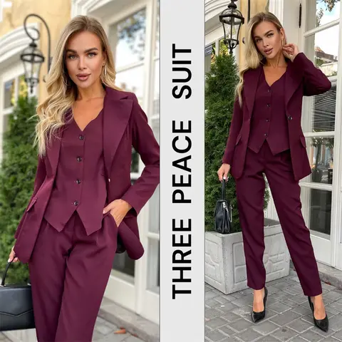 Burgundy 3 Pcs Women Suits Formal Pantsuit Set Blazer Waistcoat Office Wear Business & Prom Suit (Blazer+Vest+Pants)