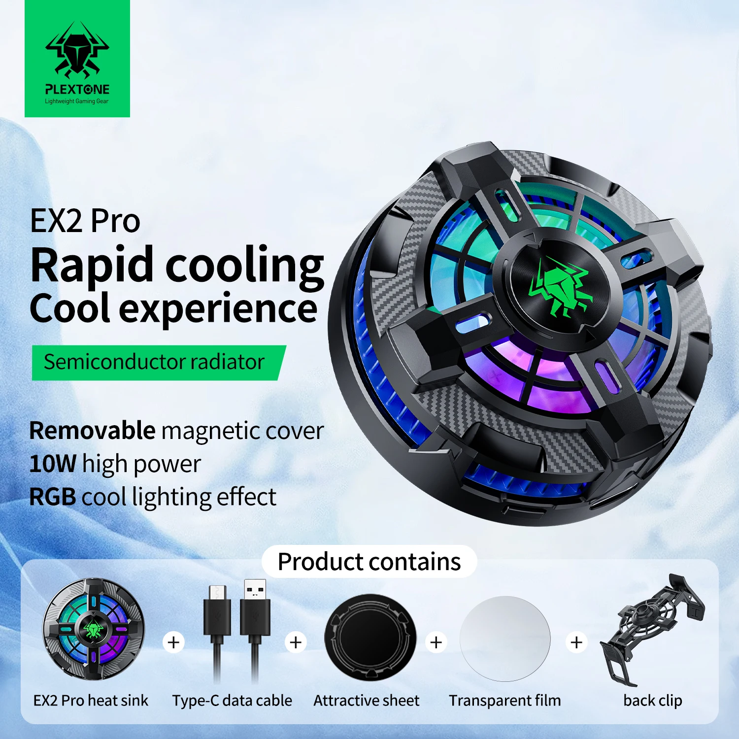 PLEXTONE EX2 PRO 10W Mobile Phone Cooler Radiator  Cooling Fan Magnetic Suction RGB Light Mini Fan Semiconductor