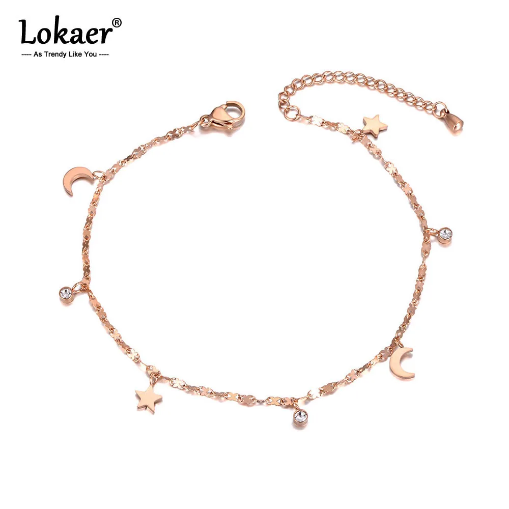 Lokaer لون ذهبي وردي خلخال للنساء نجمة القمر تشيكوسلوفاكيا حجر حلية الفولاذ المقاوم للصدأ عطلة الإناث مجوهرات قابل للتعديل طول A19021