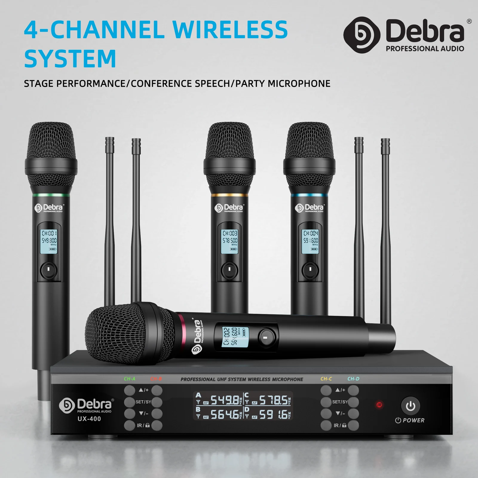 

Беспроводная 4-канальная UHF-система с ручными микрофонами Debra UX-400 (500-600 МГц) с инфракрасной синхронизацией частот и функцией автоматического поиска