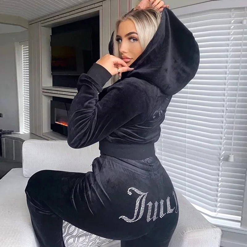 Women Tracksuit Set Velvet Zipper Sweatshirt Hoodie And Pants Velour Suit Diamond Letter Leisure 2 Pieces Set Jogger Suit Female