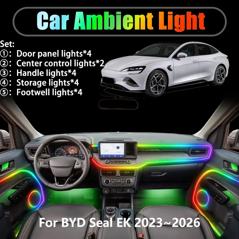 

Для BYD Seal EK 2023 ~ 2026 2024 2025 2/18 в 1 Автомобильное окружающее освещение Светодиодные внутренние светодиодные фонари багажника USB RGB Ensemble Streamer Auto