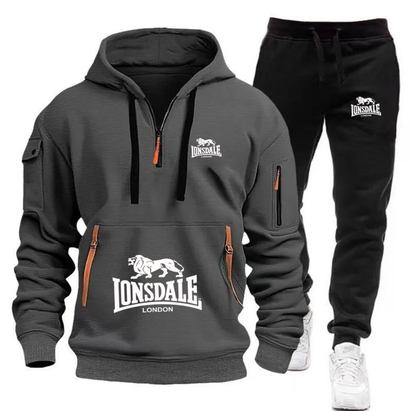 LONSDALE Men's Kangaroo Pocket Hoodie Set 2026 New Autumn Winter Fleece Sweatshirt + Sports Pants 2 Piece Tracksuit Casual Fitne view 3