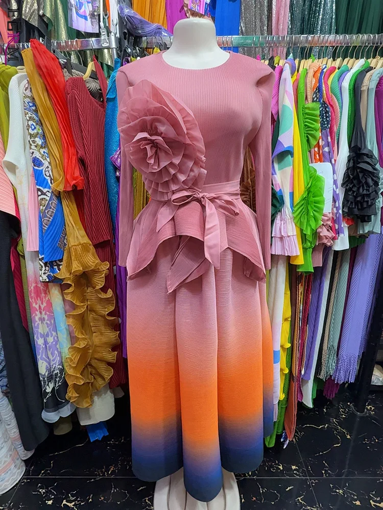 

EGRM Miyake Pleated Flower Belt Dress Sets 2025 New Original Designer Tops + Gradient Color A Line Skirt Women's Two Peice Sets