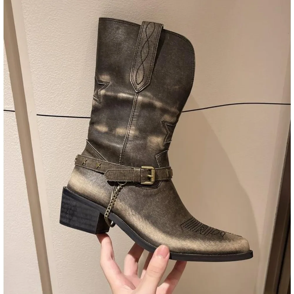 

2024 New Vintage Cowgirls Western Boots For Women Metal Chain Cowboy Boots Fashion Music Festival Women Shoes Mid-Calf Boots