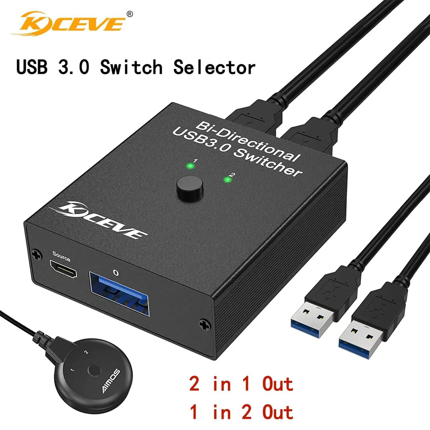 

KCEVE Bi-Directional USB 3.0 Switch 2 in 1 Out / 1 in 2 Out,USB Switcher for 2 Computers Share Keyboard Mouse Scanner Printer