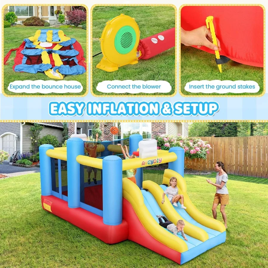 Opblaasbaar springhuis voor kinderen van 3-10, met ventilator, 15x7,8x7,5 ft springkasteel met groot springgedeelte, dubbele glijbanen, 2 basketbal