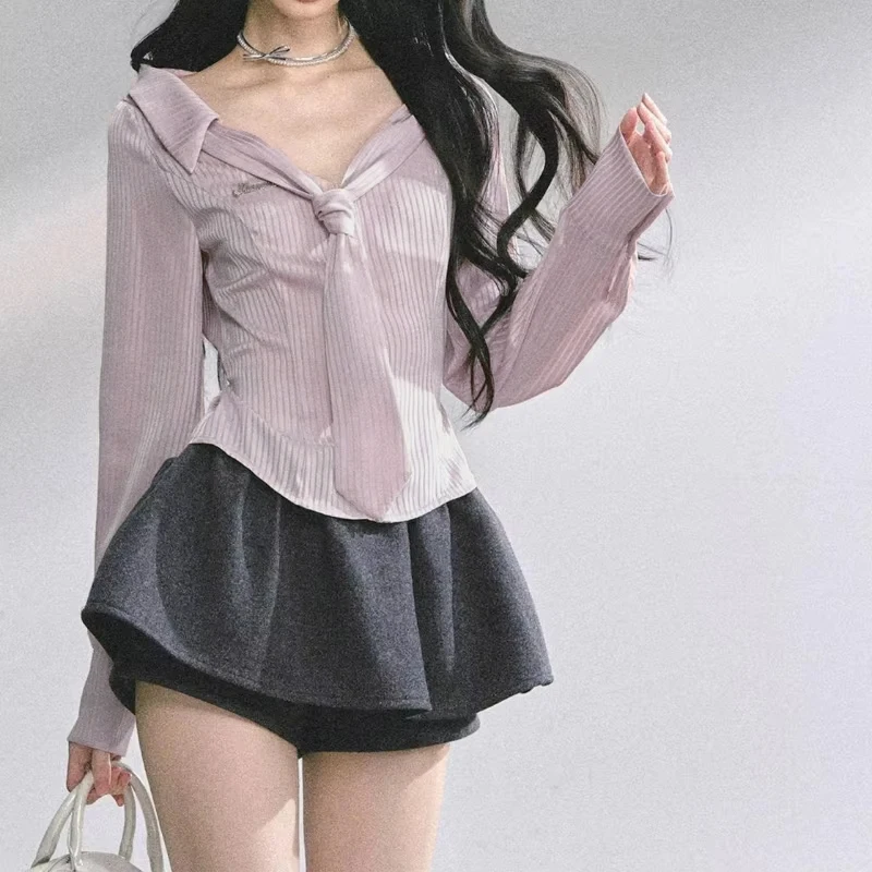 Kemeja Bergaris Merah Muda Deeptown Blus Renda Lengan Panjang Manis Elegan Wanita Mode Korea Kasual Preppy yang Menarik Perhatian