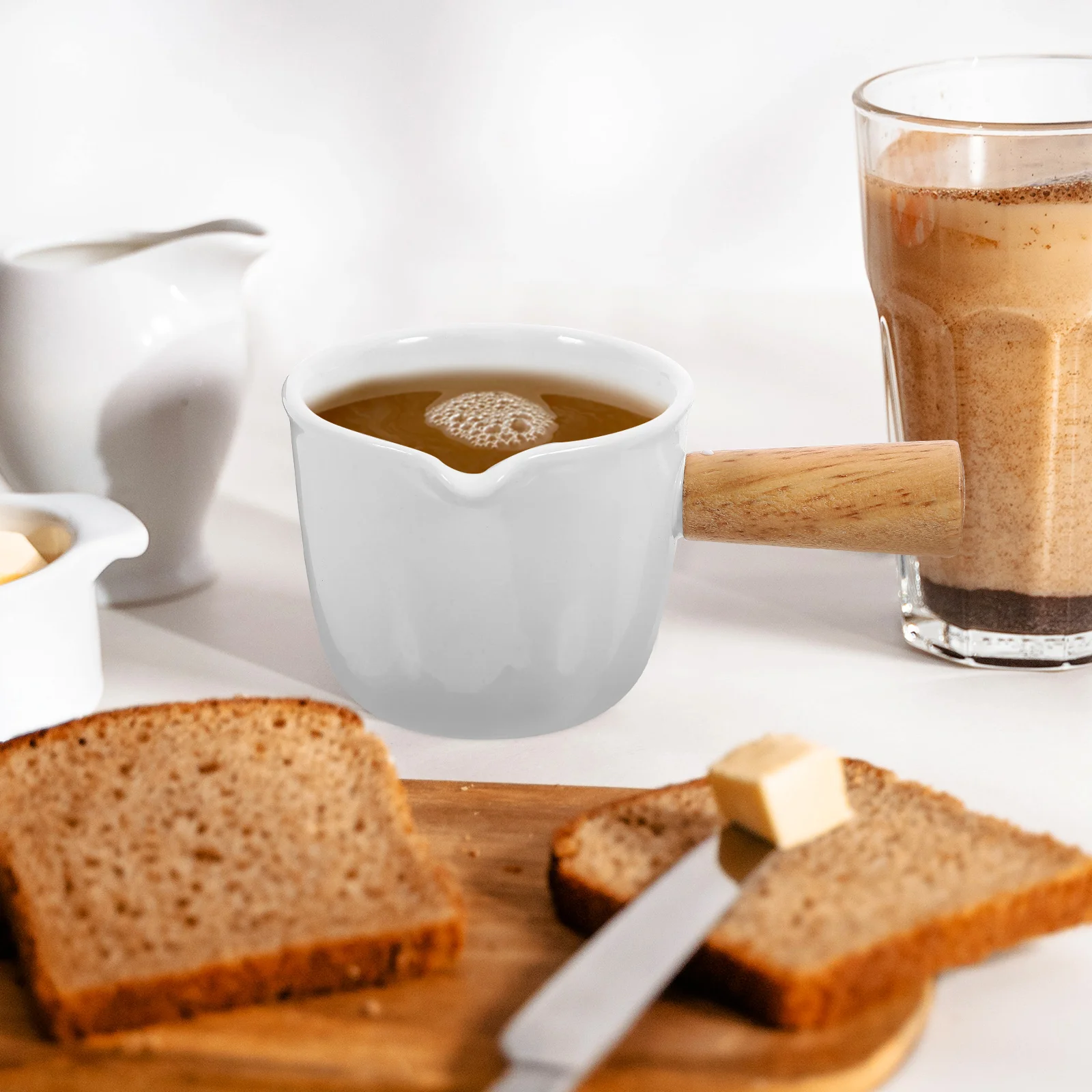 Jarra de leche de cerámica pequeña, mango de madera, salsa de café expreso, jarra para café, leche, dispensador de jarabe, taza de cerámica
