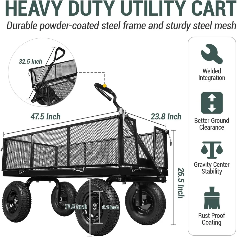 Heavy Duty 1100 Lbs Capacity Steel Garden Cart with 11.5 inch Tire, Removable Side Panels Turn Into Flatbed, Utility Cart