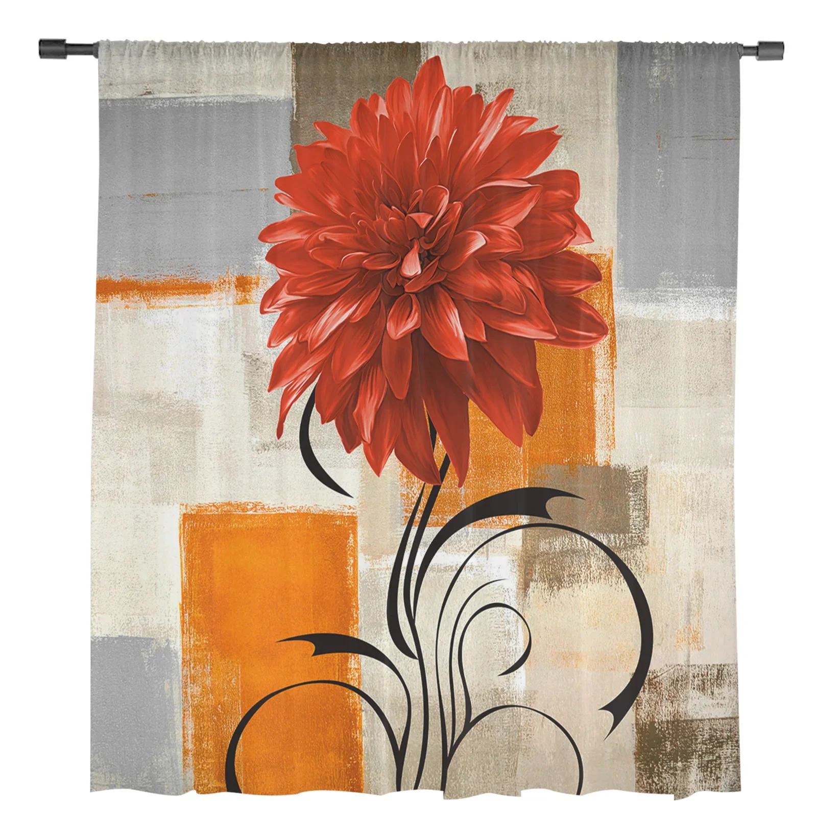 Dahlia Oil Painting Abstract Texture Plant Flower Orange Sheer Curtain Living Room Kitchen Decoration Tulle Voile Window Curtain