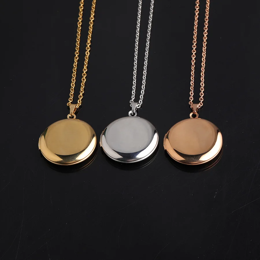 Mirror Polish Stainless Steel DIY Round Photo Picture Frame Locket Pendant Necklace for Women Fashion Jewelry