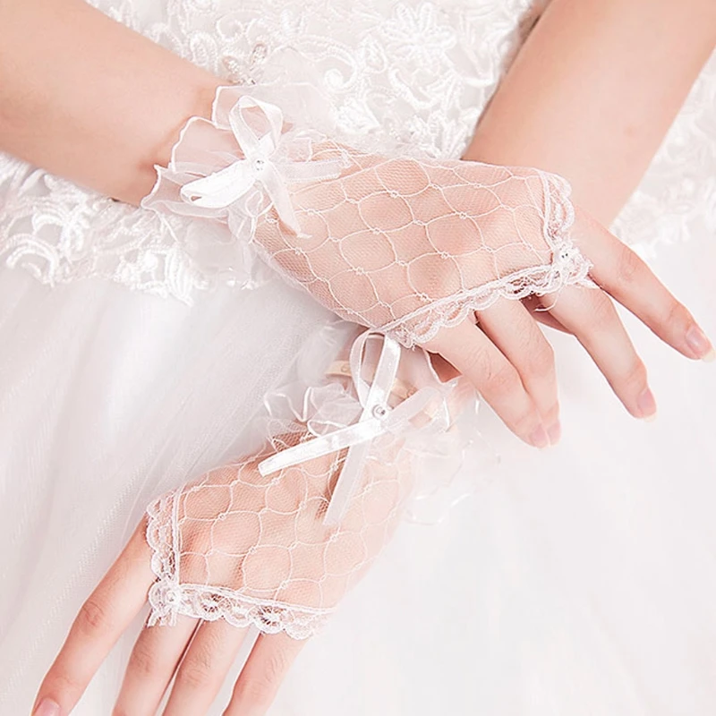 ZB91 Women Short Lace Fingerless Gloves Bridal Wrist Bowknot White Mittens Opera Evening Wedding Tea Party Cosplay Mittens