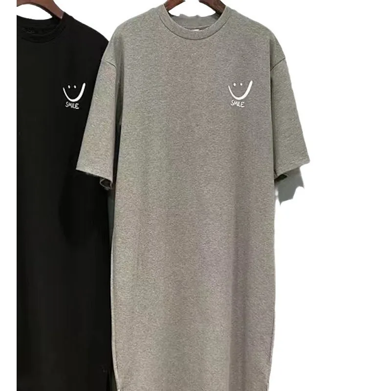 Women's Summer New Smiley Print Short-sleeved T-shirt Dress Loose Mid-length Over-knee Casual Loose Dress Top
