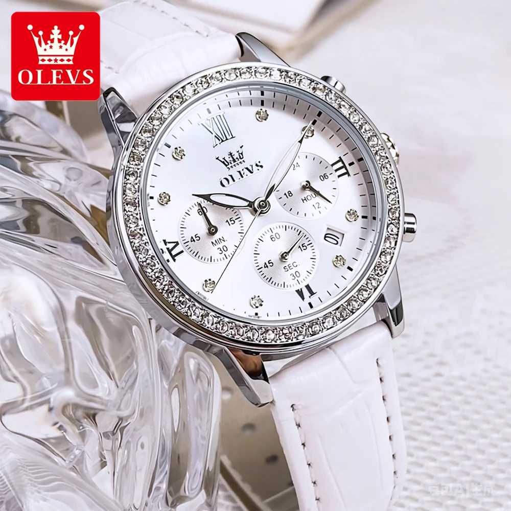 OLEVS Women's Watches Top Brand Luxury Fashion Zircon Bezel Leather Strap Original Quartz Wristwatch Waterproof Date Chronograph
