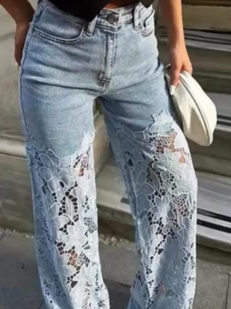 

Women Relaxed Lace Denim Pants High-waisted Panel Lace Overlay Wide-leg Jeans Lady Summer Trendy Chic Street Style Outfits 2026
