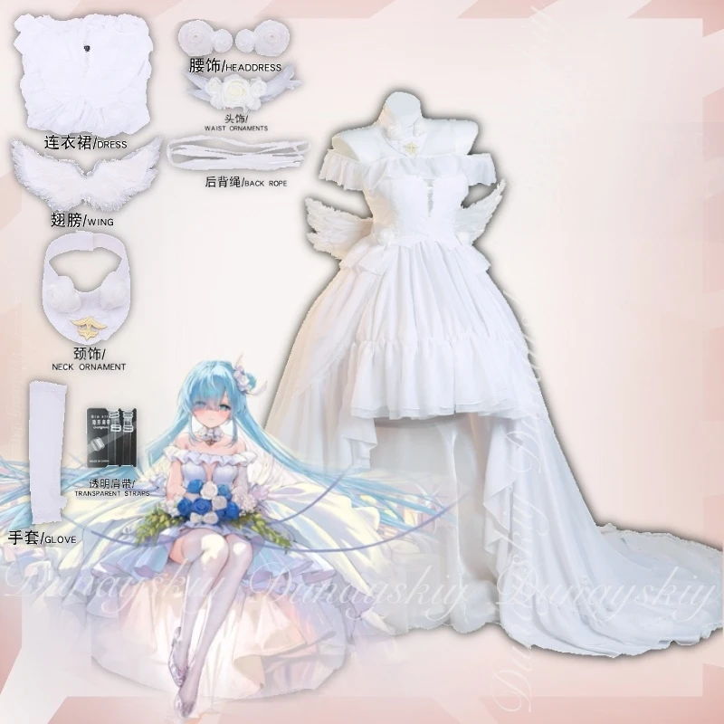 Azur Lane Gioco HMS Janus Cosplay J-livello Destroyer Con Lato Blu Fiore Germoglio Parrucca Con Abito Lungo Bianco Costume Cosplay Tutti I Set