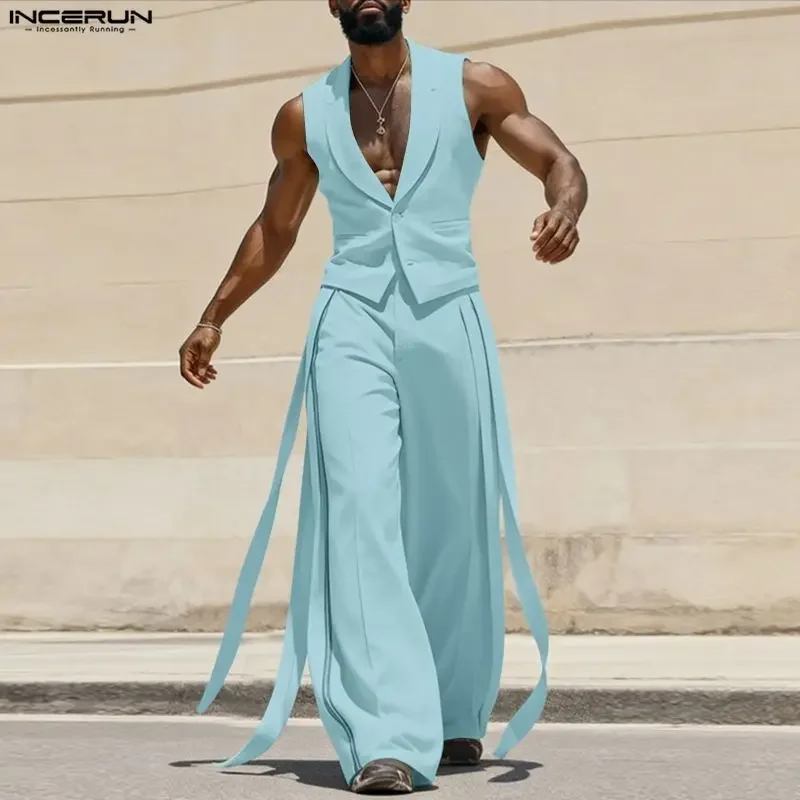 INCERUN Men Sets Solid Color V Neck Sleeveless Vests & Pants With Belt Two Pieces Sets Streetwear Elegant 2026 Fashion Men Suits view 4