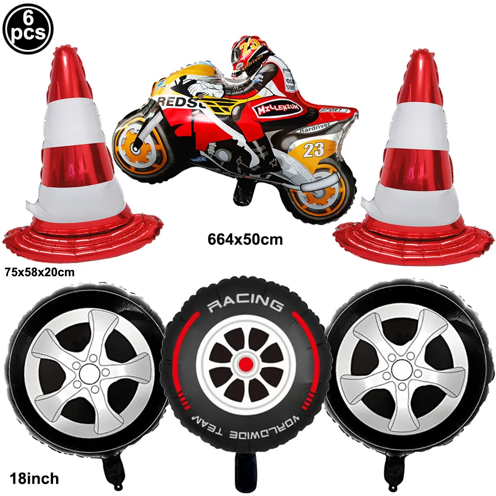 Large Motorcycle Foil Balloon Racing Safety Traffic Cone Tire Car Wheel Balloons Motorbike Theme Boys Birthday Party Decorations