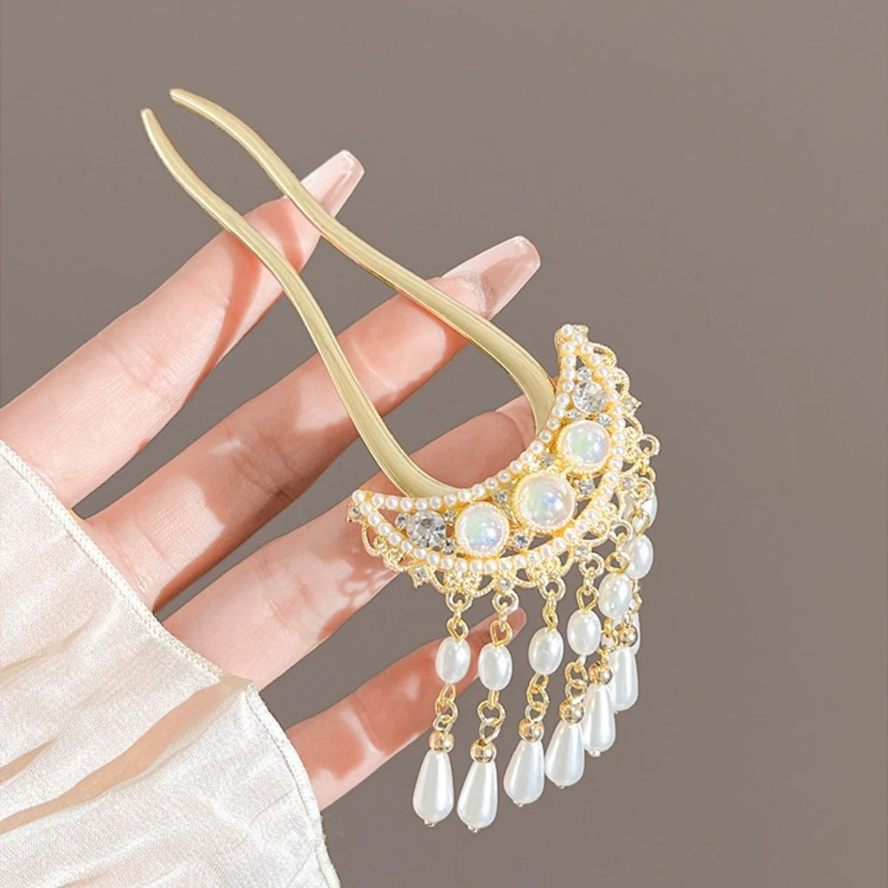 1pc U Förmigen Haar Sticks Gabeln Perlen Quaste Anhänger Dekor Alten Chinesischen Stil Haar Brötchen Maker Glänzenden Strass Designs – Detail 3