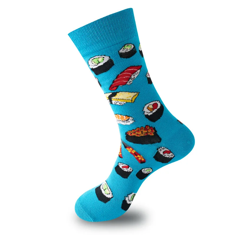 1 Pair Crew Socks With Japanese Cuisine Sushi Food Print In Blue, Comfortable Breathable Moisture-Wicking, Interesting Novelty