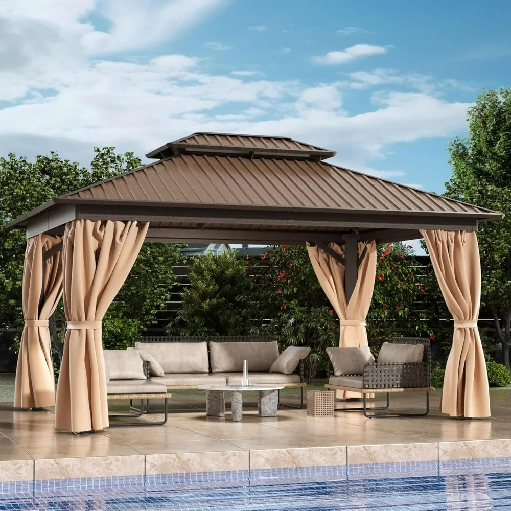 

10x14 FT Hardtop Gazebo with Heavy Duty Galvanized Steel Double Roof Aluminum Frame Permanent Pavilion with Curtains and Netting