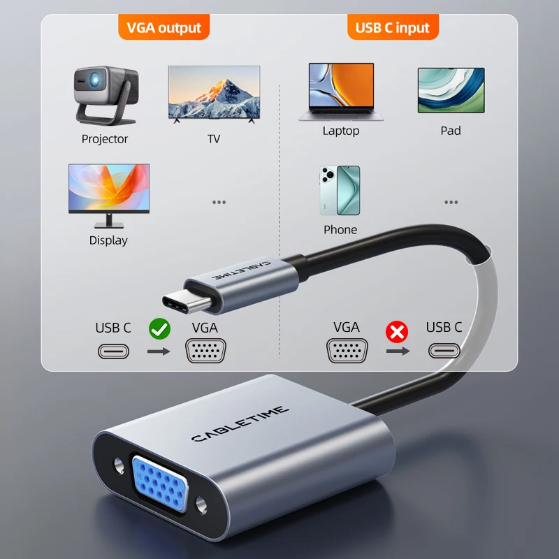 Adapter CABLETIME USB-C na VGA HD 1080p 60Hz, konwerter kablowy USB-C na VGA żeński, adapter USB-C do iPhone'a, iPada, PC. — zdjęcie produktu 4