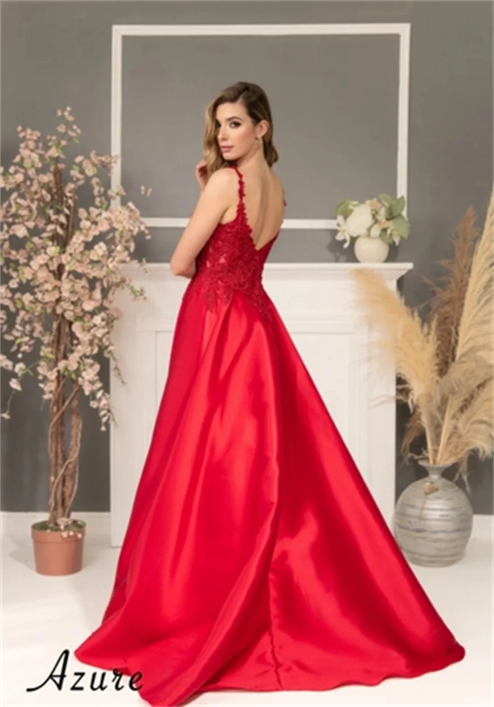 Annie gaun pengantin elegan merah gaun Prom Satin bordir mewah gaun acara resmi wanita model A-line