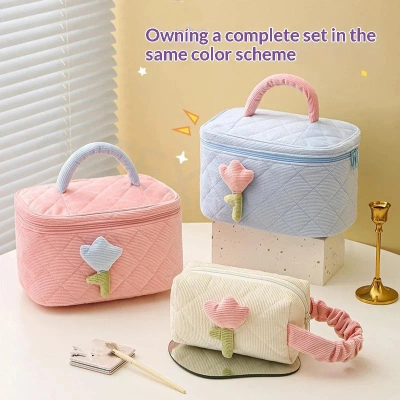 Portable Women's Corduroy Toiletry Bag Dopamine Kawaii Large Capacity Cosmetic Organizer for Business Trip Daily