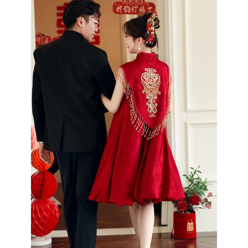 Vestido de compromiso para mujer, Cheongsam chino con cuello Halter, vino tinto, brindis, boda, vestidos de mañana, interés especial, ligero, lujo, verano