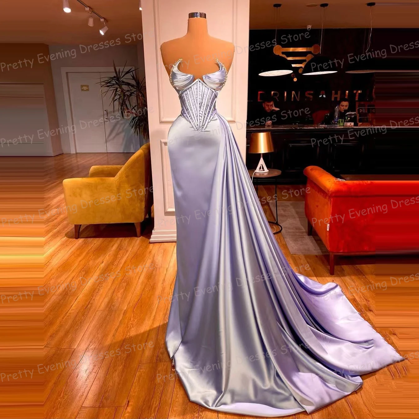 

Gorgeous 2024 Evening Dresses Woman's Sexy Sleeveless Strapless Mermaid Prom Growns Split Pleat Satin Sweep Train Party Vestidos