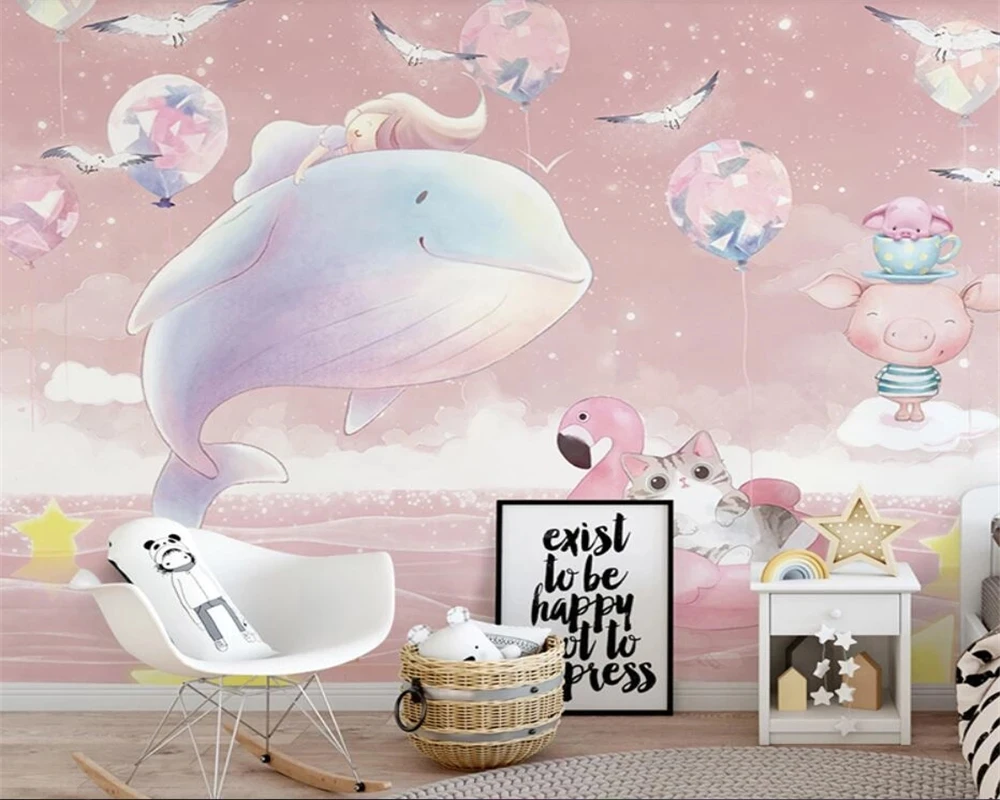Customized Mural Nordic children's room cartoon whale bedroom wallpaper home decor animal Living room TV background wall bedroom