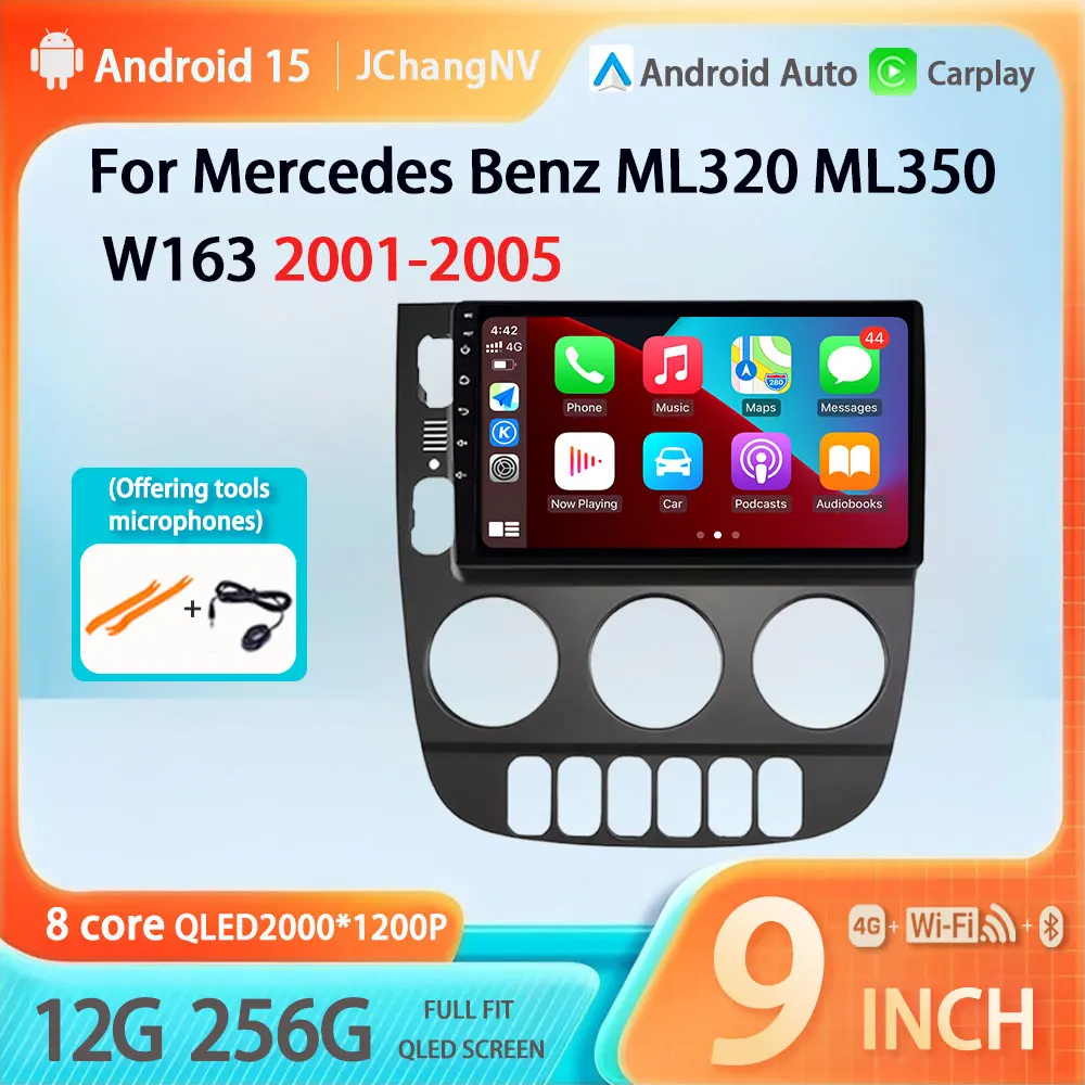 Android 15 Car GPS Radio Head Unit CarPlay Audio Video For Mercedes Benz ML320 ML350  W163 2001-2005