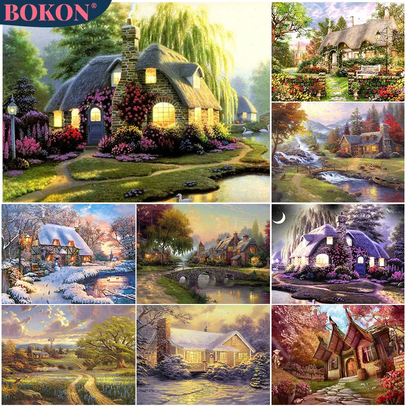 

Scenery 5D DIY Diamond Painting Rural Villa River Lake Full Diamond Mosaic Diamond Embroidery Kit Rhinestone Home Art Decoration