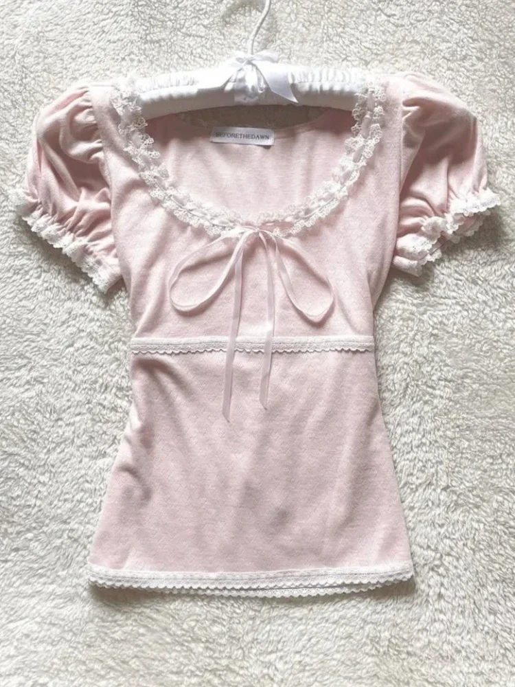 2026 Summer Short Sleeve Lace Up T-shirt Women Japanese Kawaii Slim Y2k Crop Tops Female Korean Fashion Clothing Vintage Tees