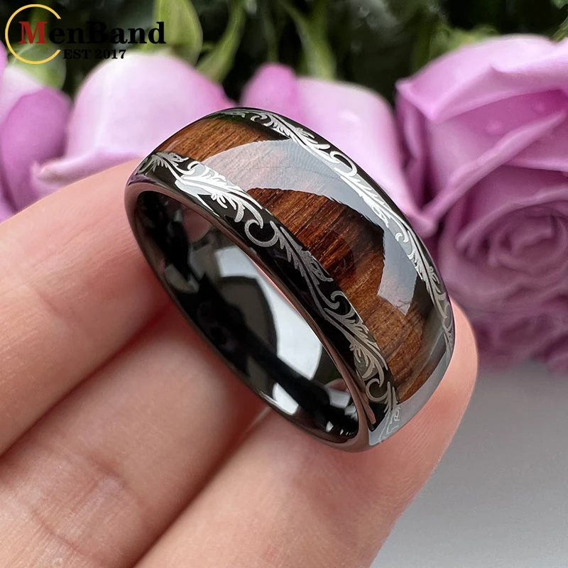 MenBand Vintage 8MM Leaf Veins Black Men Women Tungsten Carbide Wedding Band Ring Koa And Dark Red Wood Inlay Dome Comfort Fit