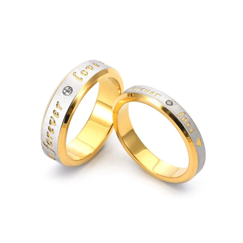 Stainless Steel Fashion Gold Plated Color Sanding 4mm 6 mm Pair Ring Non-Fading Letter Men's Diamond Ring