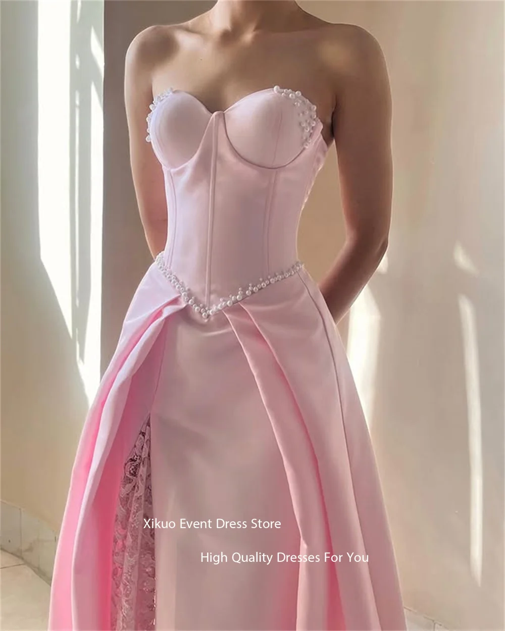 Xikuo Pink Modern Appliques Evening Dresses Pearls A Line Robe De Soirée Femme Pleated Sweetheart Robe De Soirée Customized
